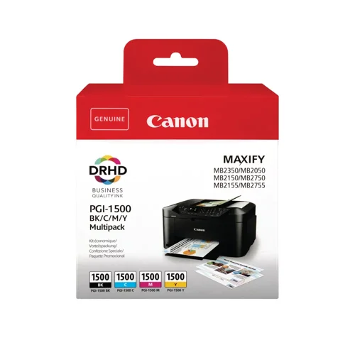 Canon PGI1500 Black Cyan Magenta Yellow Standard Capacity Ink Cartridge Multipack 12.4ml + 3 x 4.5ml (Pack 4) - 9218B005