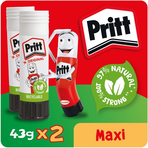 Pritt Original Glue Stick Sustainable Long Lasting Strong Adhesive Solvent Free 43g Maxi (Pack 2) - 2741552