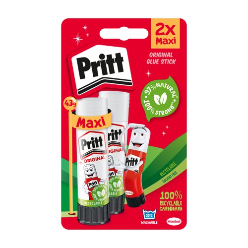 Pritt Original Glue Stick Sustainable Long Lasting Strong Adhesive Solvent Free 43g Maxi (Pack 2) - 2741552