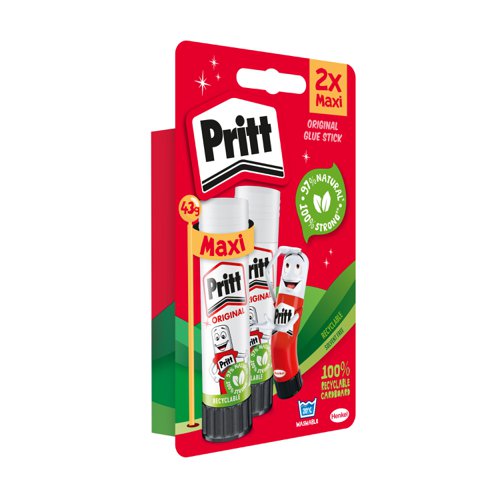 Pritt Original Glue Stick Sustainable Long Lasting Strong Adhesive Solvent Free 43g Maxi (Pack 2) - 2741552  22616HK