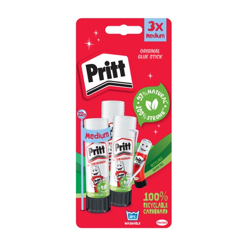 Pritt Original Glue Stick Sustainable Long Lasting Strong Adhesive Solvent Free 22g Medium (Pack 3) - 2760891