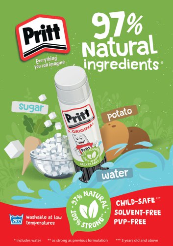 Pritt Original Glue Stick Sustainable Long Lasting Strong Adhesive Solvent Free 22g Medium (Pack 3) - 2760891 Henkel