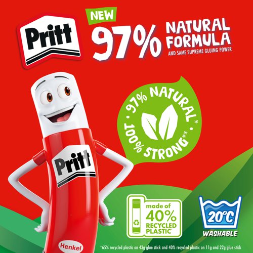 22623HK | Made with 97% natural ingredients and 100% recyclable, the iconic Pritt white stick offers a strong adhesion and is a must have for your gluing tasks in the workplace.Naturally seal & stick your work projects with Pritt’s unique naturally based glue stick made from 97% natural ingredients including potato starch, sugar, and water. Pritt Stick 22g is 100% recyclable when empty and made from 40% recycled plastic, the sustainable glue stick! Easy to apply, Pritt's solvent & acid free formula offers a strong, premium, and long-lasting adhesion to paper, cardboard, felt, cork and lightweight craft materials. The adhesive is smooth and easy to apply and does not wrinkle paper. The bond is repositionable on most substrates before achieving strong, long-lasting adhesion. Pritt Stick 22g is a must have product for your desk and is ideal for sealing envelopes and gluing papers and documents in the workplace. 