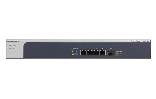 8NEXS505M100 | The XS505M and XS508M come with copper Ethernet 5-speed ports that provide either FastEthernet, 1-Gigabit, 2.5-Gigabit, 5-Gigabit or 10-Gigabit connectivity, as well as 1 SFP+ Fiber port with 1-Gigabit or 10-Gigabit connectivity.Each port automatically detects which speed is needed by the connected device and provides the adequate speed. As opposed to regular 10-Gigabit switches that will only provide 1-Gigabit connectivity to any device that require less than 10-Gigabit, the XS505M or XS508M give the exact speed required, no downgrade. Also, the new NETGEAR 5-speed switch ports can be connected with regular Cat5E Ethernet cables, without the need to upgrade to Cat6 wiring, therefore reducing wiring costs and hassle