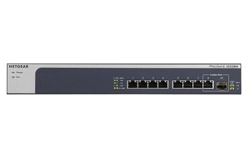 8NEXS508M100 | The XS505M and XS508M come with copper Ethernet 5-speed ports that provide either FastEthernet, 1-Gigabit, 2.5-Gigabit, 5-Gigabit or 10-Gigabit connectivity, as well as 1 SFP+ Fiber port with 1-Gigabit or 10-Gigabit connectivity.Each port automatically detects which speed is needed by the connected device and provides the adequate speed. As opposed to regular 10-Gigabit switches that will only provide 1-Gigabit connectivity to any device that require less than 10-Gigabit, the XS505M or XS508M give the exact speed required, no downgrade. Also, the new NETGEAR 5-speed switch ports can be connected with regular Cat5E Ethernet cables, without the need to upgrade to Cat6 wiring, therefore reducing wiring costs and hassle