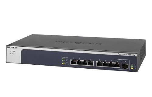 8NEXS508M100 | The XS505M and XS508M come with copper Ethernet 5-speed ports that provide either FastEthernet, 1-Gigabit, 2.5-Gigabit, 5-Gigabit or 10-Gigabit connectivity, as well as 1 SFP+ Fiber port with 1-Gigabit or 10-Gigabit connectivity.Each port automatically detects which speed is needed by the connected device and provides the adequate speed. As opposed to regular 10-Gigabit switches that will only provide 1-Gigabit connectivity to any device that require less than 10-Gigabit, the XS505M or XS508M give the exact speed required, no downgrade. Also, the new NETGEAR 5-speed switch ports can be connected with regular Cat5E Ethernet cables, without the need to upgrade to Cat6 wiring, therefore reducing wiring costs and hassle