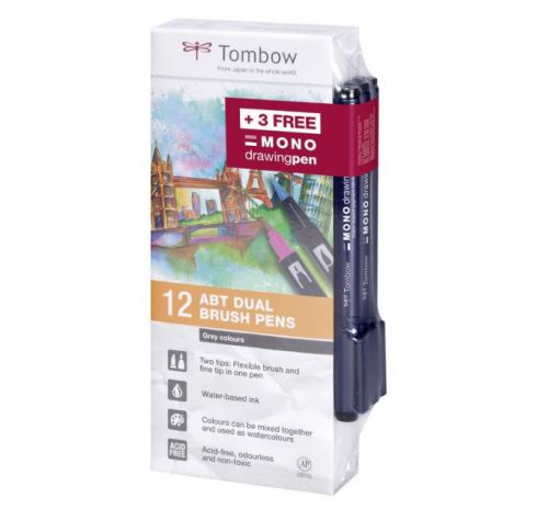 ABT Dual Pen Brush Set Grey Colours PK12 with 3 fineliners