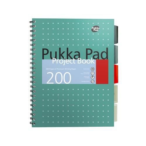17375PK | For quality that shines through, these Pukka Pad Project books have 200 pages of premium quality white writing paper with feint ruled lines and a margin.  Featuring perforated sheets for easy removal and four colour-coded subject dividers with storage pockets.  Perfect for the professional seeking style and sophistication in a notepad.