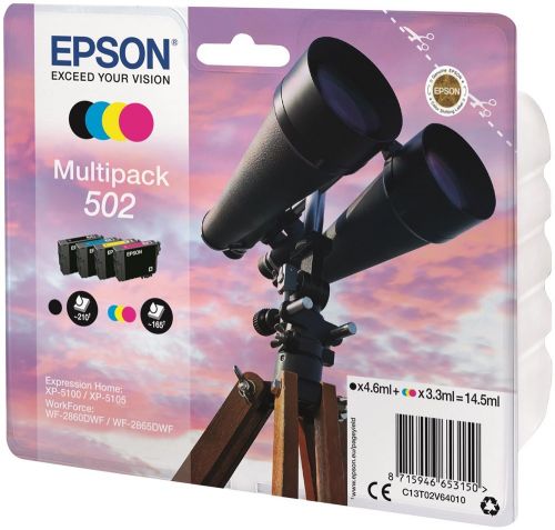 Epson 502 Binoculars Black Cyan Magenta Yellow Standard Capacity Ink Cartridge Multipack 4.6ml + 3 x 3ml (Pack 4) - C13T02V64010