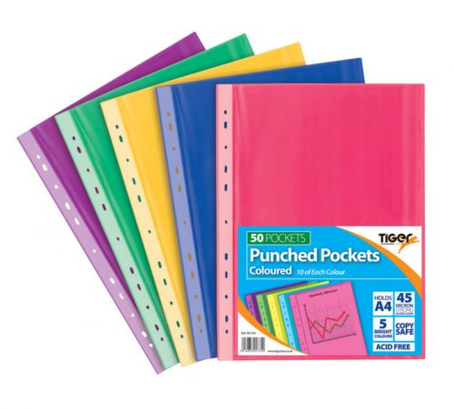 Pack of 50 Tiger brand multi punch pp pockets-5 assorted tints. 45 micron glass clear finish. Made from polypropylene material, acid free, copy safe and recyclable. 