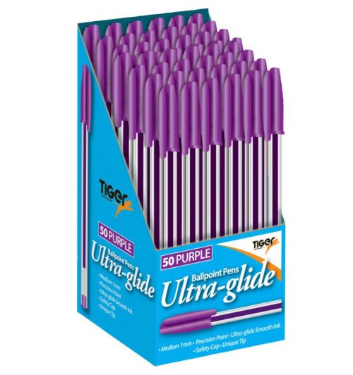 Ultra-glide ballpoint pens with purple ink.