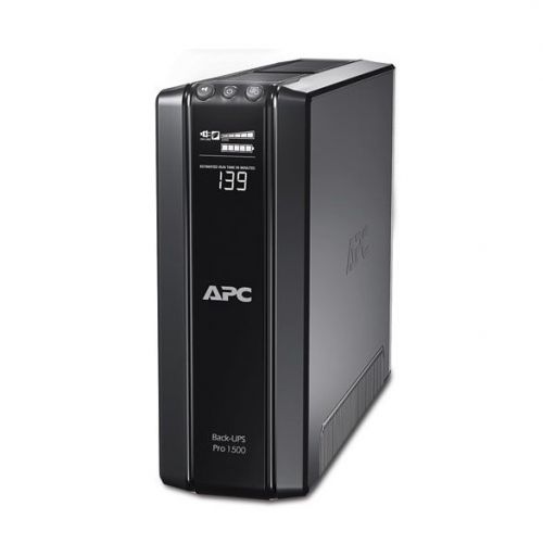 8APCBR1500GI | The Back-UPS Pro provides abundant battery backup power, so you can work through medium and extended length power outages. It safeguards your equipment against damaging surges and spikes that travel along utility and data lines. The Back-UPS Pro also features automatic voltage regulation (AVR), which instantly adjusts high and low voltages to safe levels, so you can work indefinitely during brownouts and overvoltages. The Back-UPS Pro also includes unique “green” features, like power-saving outlets that automatically turn off idle peripherals. A high efficiency charging system and “AVR Bypass” also reduce power consumption. With the rest of the Back-UPS Pro’s standard features, this is the perfect unit to protect your productivity from the constant threat of bad power and lost data.