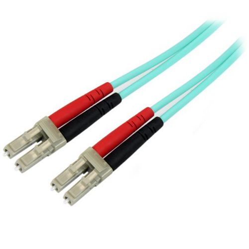 Connect 40GBase-SR4, 100GBase-SR10, SFP+ and QSFP+ transceivers in 40 and 100 Gigabit networks.This fibre optic cable lets you connect 40GBase-SR4, 100GBase-SR10, SFP+ and QSFP+ transceivers in 40 and 100 Gigabit networks. The OM4 cable supports Vertical Cavity Surface Emitting Laser (VCSEL) and LED light sources and is backward compatible with your existing 50/125 equipment.This Aqua OM4 duplex multimode fibre cable is housed in a LSZH (Low-Smoke, Zero-Halogen) flame retardant jacket, to ensure minimal smoke, toxicity and corrosion when exposed to high sources of heat, in the event of a fire. It's ideal for use in industrial settings, central offices and schools, as well as residential settings where building codes are a consideration.Each OM4 fibre cable is individually tested and certified to be within acceptable optical insertion loss limits for guaranteed compatibility and 100% reliability.The 450FBLCLC2 from StarTech.com is backed by a lifetime warranty.