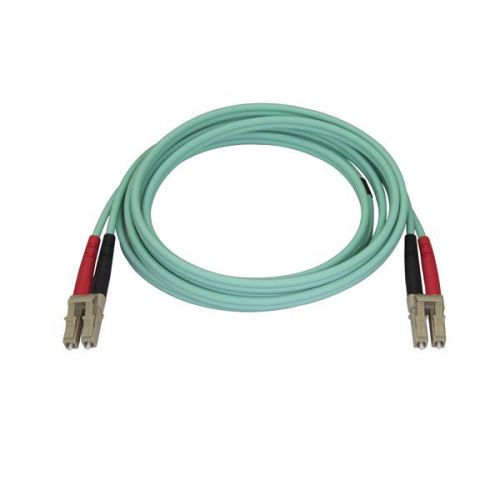 Connect 40GBase-SR4, 100GBase-SR10, SFP+ and QSFP+ transceivers in 40 and 100 Gigabit networks.This fibre optic cable lets you connect 40GBase-SR4, 100GBase-SR10, SFP+ and QSFP+ transceivers in 40 and 100 Gigabit networks. The OM4 cable supports Vertical Cavity Surface Emitting Laser (VCSEL) and LED light sources and is backward compatible with your existing 50/125 equipment.This Aqua OM4 duplex multimode fibre cable is housed in a LSZH (Low-Smoke, Zero-Halogen) flame retardant jacket, to ensure minimal smoke, toxicity and corrosion when exposed to high sources of heat, in the event of a fire. It's ideal for use in industrial settings, central offices and schools, as well as residential settings where building codes are a consideration.Each OM4 fibre cable is individually tested and certified to be within acceptable optical insertion loss limits for guaranteed compatibility and 100% reliability.The 450FBLCLC2 from StarTech.com is backed by a lifetime warranty.