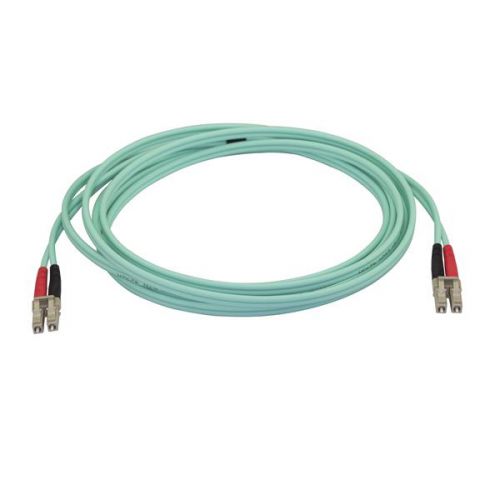 Connect 40GBase-SR4, 100GBase-SR10, SFP+ and QSFP+ transceivers in 40 and 100 Gigabit networks.This fibre optic cable lets you connect 40GBase-SR4, 100GBase-SR10, SFP+ and QSFP+ transceivers in 40 and 100 Gigabit networks. The OM4 cable supports Vertical Cavity Surface Emitting Laser (VCSEL) and LED light sources and is backward compatible with your existing 50/125 equipment.This Aqua OM4 duplex multimode fibre cable is housed in a LSZH (Low-Smoke, Zero-Halogen) flame retardant jacket, to ensure minimal smoke, toxicity and corrosion when exposed to high sources of heat, in the event of a fire. It's ideal for use in industrial settings, central offices and schools, as well as residential settings where building codes are a consideration.Each OM4 fibre cable is individually tested and certified to be within acceptable optical insertion loss limits for guaranteed compatibility and 100% reliability.The 450FBLCLC3 from StarTech.com is backed by a lifetime warranty.