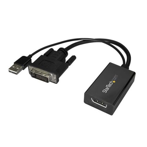 Use this DVI to DisplayPort converter to connect your DVI computer to a DisplayPort monitor or projector.The DVI to DisplayPort converter is USB powered, giving you the freedom to power it using a USB port on your computer, unlike some converters that require bulky external power adapters. USB powered devices don't require an AC outlet, so you can connect a DVI computer to a DP projector or display where power outlets are limited or inaccessible, such as your boardroom or workstation.