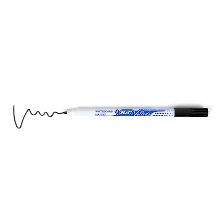 21986BC | These Bic Velleda markers provide premium writing and sketching performance with your drywipe whiteboard. The alcohol-based ink glides on smoothly and erases just as easily, and is low odour. The markers feature a strong acrylic tip that won't bend or retract into the barrel, even with heavy use. The fine bullet tip delivers a 1.4mm line width, perfect for small text and detailed whiteboard work. This bulk pack contains 200 markers with black ink.