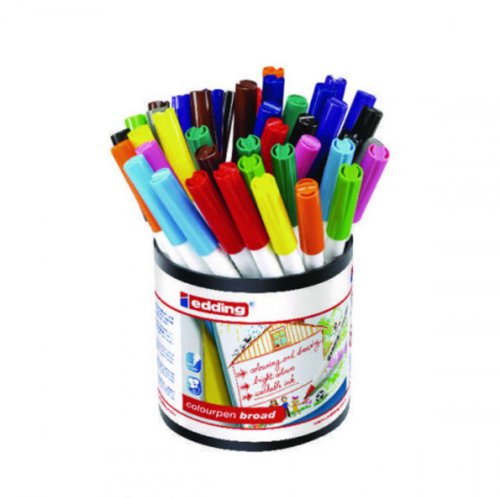 This Edding Colourpen features a soft, broad bullet tip for colouring and drawing. Ideal for children, the water based ink washes out of most textiles and the pens can be left uncapped for up to 3 days without drying out. The broad tip writes a line width of 1.0 - 2.0mm. This tub contains 42 colouring pens in assorted colours.