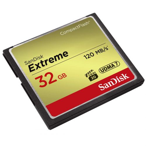 Ideal for use with mid-range to high-end DSLR cameras and HD camcorders, the SanDisk Extreme CompactFlash Memory Card delivers first-rate read/write speeds to catch fast action shots and enable quick file transfers. This memory card features Video Performance Guarantee (VPG-20) to deliver a minimum sustained recording data rate of 20MB/s3 to support high-quality Full HD video (1080p)4 recording. Take advantage of burst-mode photography with the card's write speeds of up to 85MB/s1 (567X) and enjoy efficient workflow with its transfer speeds up to 120MB/s2. With capacities up to 128GB5, this memory card provides plenty of storage for Full HD videos and RAW photos.