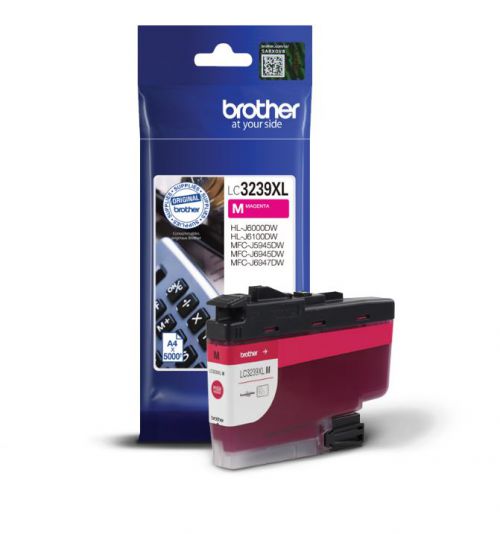 BRLC3239XLM | With the Original Brother LC3239XLM high-yield ink cartridge in Magenta you can enjoy high impact graphics every time you print. The ink cartridges and Brother printers have been designed to achieve the best results in bright colours. The cartridges are easy to install. Take advantage of long-lasting prints that will not smudge or fade over time.