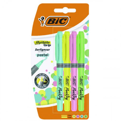 Bic Grip Highlighter Pen Chisel Tip 1.5-3.3mm Line Assorted Pastel Colours (Pack 4) - 964859