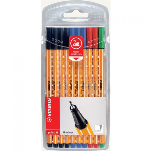 Stabilopoint 88 Fineliner pens. Hexagonal fineliner with metal encased tip for long life. Suitable for rulers and stencils. Fast drying water based ink does not smudge. Ventilated cap. Line width 0.4mm.