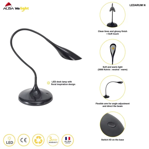 27838AL | Inspired by flowers, the Alba Arum LED Desk Lamp has a petal-shaped lamp head for a sleek and stylish addition to any desk. It has a flexible stem that can be easily adjusted and it casts a soft and warm light. The lamp has a low 3W energy consumption and a 25,000 hour lifespan.