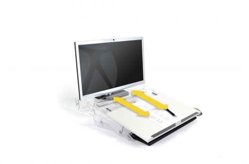The BakkerElkhuizen FlexDesk 630 2-in-1 Stand and Document Holder ensures that your documents are aligned with your keyboard and screen, with a minimum of head-turning. It is easy to alternate between writing and computer work thanks to the extendable worktop. The document holder has storage space for a full-size keyboard on the bottom (accessible from the front), this space is 55 mm high