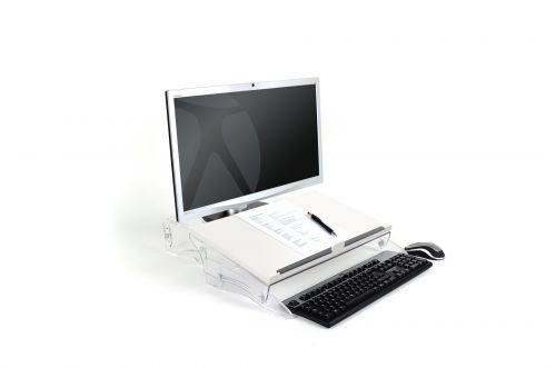 The BakkerElkhuizen FlexDesk 630 2-in-1 Stand and Document Holder ensures that your documents are aligned with your keyboard and screen, with a minimum of head-turning. It is easy to alternate between writing and computer work thanks to the extendable worktop. The document holder has storage space for a full-size keyboard on the bottom (accessible from the front), this space is 55 mm high