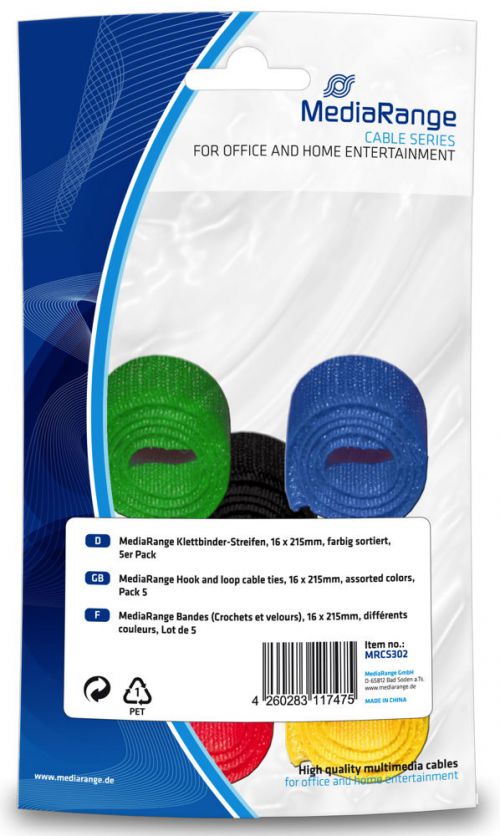 MediaRange (16 x 215mm) Hook-and-Loop Cable Ties (Assorted Colours)