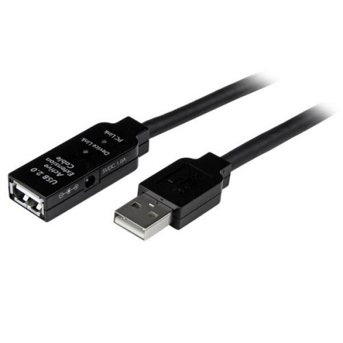 Extend the distance between a computer and a USB 2.0 device by 5 metres.The USB2AAEXT5M 5m Active USB 2.0 Extension Cable offers one USB-A male connector and one USB-A female connector, and provides an active extension of USB 2.0 devices of up to 5-metres (15-feet).An all-in-one cable for overcoming distance restrictions as well as power source limitations, the active USB 2.0 extension cable incorporates bus-powered active circuitry to ensure performance beyond the length limits of standard USB cables. Plus you can daisy chain 4 cables for a total USB extension of up to 20-metres.If necessary, the cable can be powered from a wall outlet using the Universal AC power adapter that was provided with the cable – this will allow you to use USB bus-powered devices that may require extra power.The USB2AAEXT5M repeater cable supports the full USB 2.0 bandwidth of 480 Mbps, and is backed by StarTech.com's 2-year Warranty.