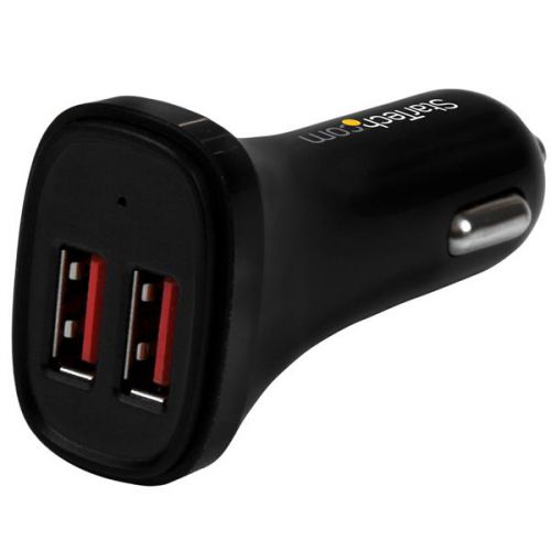 Charge two tablets simultaneously, in your car.This 2-port car charger lets you charge two mobile devices simultaneously, while you’re driving.The charger can deliver 24 watts of power in total, sharing 4.8 amps of power between both ports. This means that you can charge two tablets at the same time.The dual-port charger features Smart IC technology, which enables it to identify what type of device is connected to each port. By recognizing the attached device, the charger delivers the optimal charge that's specific to each device.The charger supports USB Battery Charging Specification 1.2, which ensures compatibility with a broad range of mobile devices, including the Apple iPhone and iPad, the Microsoft® Surface™ tablet, the Samsung Galaxy Tab™, Nexus™ phones and more. When you’re traveling with a passenger, you can charge their device as well as yours, and ensure that both of your mobile devices are ready when you arrive.The USB2PCARBKS is backed by StarTech.com's 2-year warranty to ensure dependable performance.