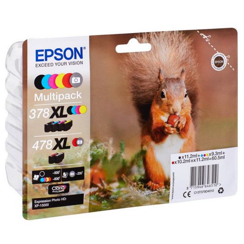 Epson 378XL/478XL Squirrel Black Grey Cyan Magenta Yellow Red High Yield Ink Multipack 2 x 11.2ml + 3 x 9.3ml + 10.2ml (Pack 6) - C13T379D4010