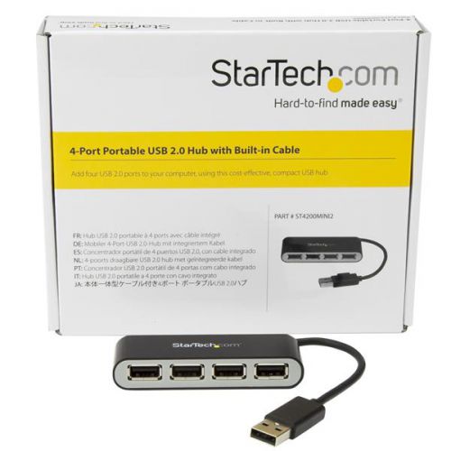 Add four USB 2.0 ports to your computer, using this cost-effective, compact USB hub.Here’s a simple and cost-effective way to expand your computer’s connectivity by adding extra USB ports. This 4-port USB hub turns a single USB connection into four connections and features a compact, USB-powered design that makes it perfect for travel. The hub also features a small-footprint housing, which means it takes up less desk space.With its compact and lightweight design, this 4-port USB hub is tailored for mobility. You can easily tuck it into your laptop bag when traveling, which makes it easy to expand your connection options almost anywhere you need to. It’s perfect for connecting common USB devices such as a mouse, keyboard, or flash drive, right when you need them.