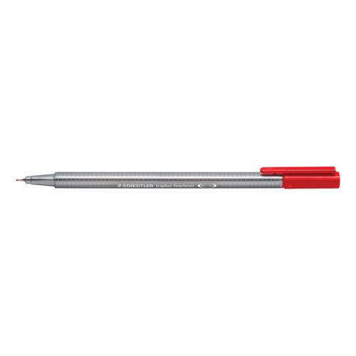60922SR | Fineliner with super fine metal-clad clip. Ergonomic triangular barrel for fatigue-free working. Dry-safe can be left uncapped up to 2 days without drying up. Features a stand-up wallet for easy access to pens. Ventilated caps in accordance with ISO 11540. Barrel and cap made from PP for long service life and low environmental impact. Water-based ink. No toxic heavy metals such as cadmium or lead-based colouring agents are used for the colouring of plastic. STAEDTLER does not use xylene and toluene as ink ingredients. Dry Safe ink increases product life span. Environmentally friendly manufacturing process. Reusable box, phthalate-free material. 0.8 tip gives line width of 0.3mm. 