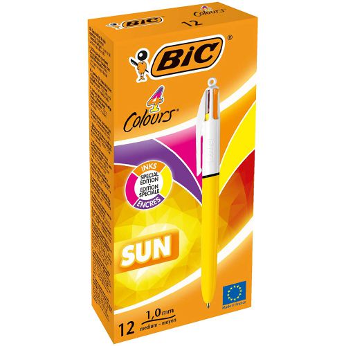 Bic 4 Colours Sun Sunny Yellow Barrel Ballpoint Pen 1.0mm Tip 0.32mm Line Pink/Purple/Orange/Yellow Ink (Pack 12) - 982871 59856BC