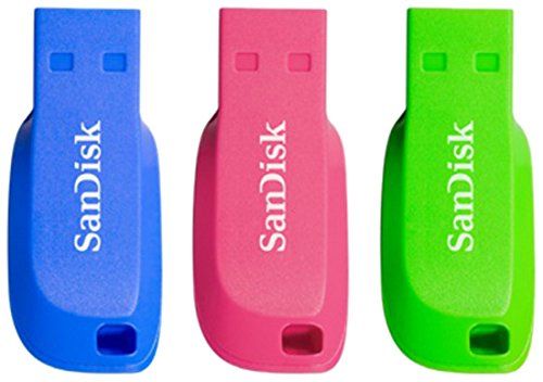 SanDisk Cruzer Blade 32GB USB 3.0 Capless Flash Drives 3 Pack Blue Green and Pink