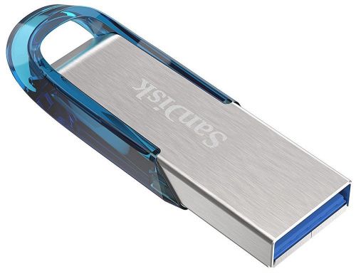 SanDisk Ultra Flair 64GB USB 3.0 Tropical Blue and Silver Capless Flash Drive 150 Mbs Read Speed  8SDCZ73064GG46B