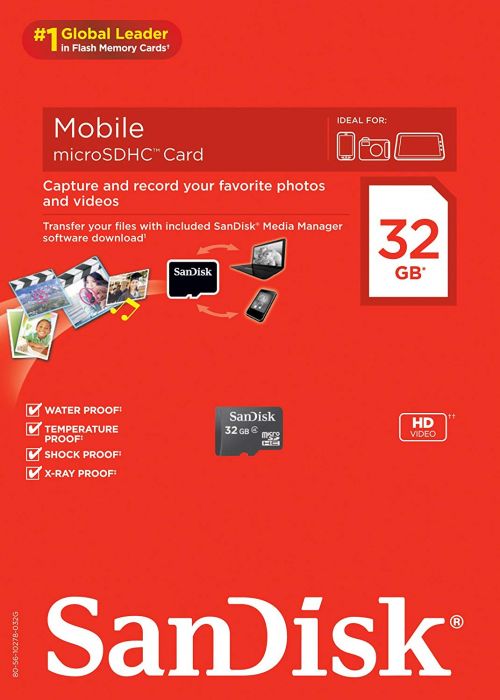 The SanDisk microSDHC cards offer an easy, affordable way to expand your mobile device's onboard memory. Available in capacities from 8GB to 32GB, these cards give you additional storage space for your favourite photos, and even HD videos. SanDisk microSDHC cards are shock proof, x-ray proof, X-ray proof, temperature proof and waterproof.
