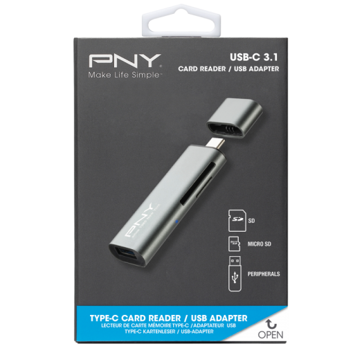 8PNRTCUA3N1E01RB | Transfer files and connect USB peripherals on your USB-C devicePNY Type-C Card Card Reader & USB Adapter is a small and convenient solution for Type-C computer or smartphone/tablet owners looking for a simple way to quickly and easily transfer files or connect USB peripherals.Transfer your pictures or videos stored on Flash Memory Cards thanks to SD & MicroSD slots and connect peripherals (USB Flash Drives, Mice, Printer, …) through the USB-A female port.