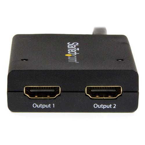 8ST122HD4KU | The ST122HD4KU 2-port video splitter supports Ultra HD (4K) ensuring astonishing picture quality, four times the resolution of high-definition 1080p, while sharing a 4K HDMI video source between two HDMI displays. The 4K splitter is backward compatible with previous HDMI revisions, supporting 1080p / 720p HDMI video resolution devices such as computers, Blu-ray players and cable TV set-top boxes. Even if you don't require 4K video today, the video splitter ensures you'll be ready to take advantage of tomorrow's display technology while still working with the devices you already have. Plus, this splitter supports 3D, enabling you to use the splitter with your stereoscopic 3D video source on active or passive 3D displays.For a hassle-free setup you can power the HDMI splitter with the included USB cable, or power adapter depending on which is most convenient for you. Plus, the splitter features a built-in HDMI source cable, which lets you connect it directly to your HDMI source without the expense of additional cabling.The ST122HD4KU is backed by a StarTech.com 2-year warranty, and free lifetime technical support.