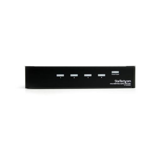 The ST124HDMI2 4 Port High Speed HDMI® Video Splitter with Audio lets you share a single HDMI source with up to 4 HDMI or DVI-D enabled displays/receivers, without sacrificing image or sound quality. Mounting brackets are included for a tidy, professional installation.Supporting true HD video resolutions up to 1080p, this HDMI splitter allows you to situate your HDMIcapable displays up to 50 ft (15.2 m) away from the splitter. This versatile HDMI splitter features 3.5mm audio input and output connections giving you the option of sending your accompanying audio signal through the HDMI cable or through a separate 3.5mm stereo audio channel.A perfect addition to virtually any application requiring the high quality video delivered by HDMI devices, the ST124HDMI2 video splitter is easy to install and provides flawless, distortion-free digital video.This product is TAA compliant and backed by a Startech.com 2-year warranty with free lifetime technical support.