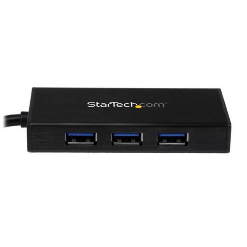 Add 3 external USB 3.0 ports with UASP and a Gigabit Ethernet port to your Ultrabook™ or laptop through a single USB 3.0 port.The ST3300GU3B Portable USB 3.0 Hub is TAA compliant features an integrated GbE port, enabling you to expand your laptop connectivity by adding three external USB 3.0 ports, as well as a Gigabit network port via a single USB 3.0 connection. This hub is an ideal laptop accessory for your Microsoft Surface™ Pro 4, Surface Pro 3, Surface Book, Dell™ XPS 13, and many other devices.The hub merges Gigabit network support and USB 3.0 hub access into lightweight yet sturdy aluminium casing, providing vital connectivity ports that are often limited or non-existent on modern mobile computers, while remaining compact and travel-friendly. Plus, with an attached USB 3.0 host connection cable there’s no need to carry a separate cable with you, so you can tuck the hub neatly into your laptop bag for maximum portability.For faster and more consistent network connections, the integrated Ethernet port leverages the 5Gbps capabilities of the USB 3.0 interface to provide wired Gigabit access that is fully compatible with IEEE 802.3/u/ab standards. Plus, the GbE port supports Wake-on-LAN (WOL), so you can remotely wake your computer over your network.An ideal laptop accessory, this mobile USB hub is great for connecting low-power peripherals like a mouse, keyboard or USB flash drive, and also includes a universal power adapter for connecting devices such as external hard drive enclosures.Backed by a StarTech.com 2-year warranty and free lifetime technical support.