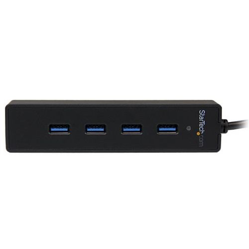 Add four USB 3.0 ports to your laptop or Ultrabook using this slim, portable hub with an extended-length cable.This 4-Port Portable USB 3.0 Hub with Built-in Cable turns a single USB 3.0 port into four, letting you connect more of your devices to your computer.The hub features a built-in, 25 cm (10 in) cable that is longer than what most traditional hubs offer. The extended-length cable gives you the flexibility to place the hub and your devices exactly where you want them, and it ensures the hub can connect to your laptop or tablet regardless of where the laptop’s USB 3.0 port is located.This portable USB 3.0 hub is great for adding extra ports to your laptop, tablet, Microsoft Surface Pro 4, Surface Book, and other Microsoft Surface products. With an integrated cable you have more flexibility to place the hub on your desk as desired. Plus, the hub is USB-powered for easy transport when you travel.This USB hub offers a block-style design with ports placed across the top surface of the hub. With upright port access your connected devices (for example, flash drives and mouse and keyboard wireless receivers) take up less desk space. Alternatively, you can lay the hub on its side for easy cable connections to devices like external hard drivers or printers.With its compact design, you can easily position the USB 3.0 (also known as USB 3.1 Gen 1) hub on your desk or workspace to make your USB devices more accessible. There’s also ample space between the USB 3.0 ports, so it’s easy to plug and unplug the devices you use the most. The USB 3.0 hub is natively supported in virtually all operating systems, which makes for an easy setup with no driver installation required. And because it’s backward compatible, you can connect both new and legacy USB devices (for example USB 2.0 peripherals).The ST4300PBU3 is backed by a StarTech.com 2-year warranty and free lifetime technical support.