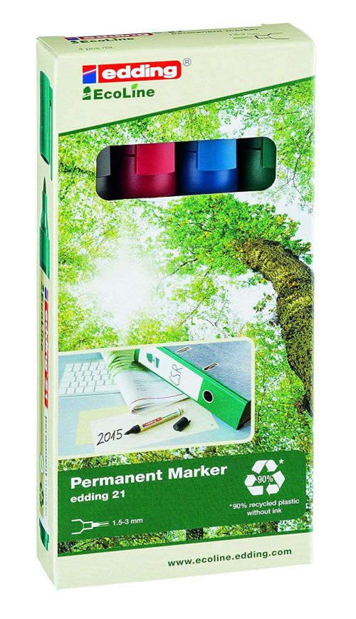 Edding 21 EcoLine Permanent Marker Bullet Tip 1.5-3mm Line Assorted Colours (Pack 4)