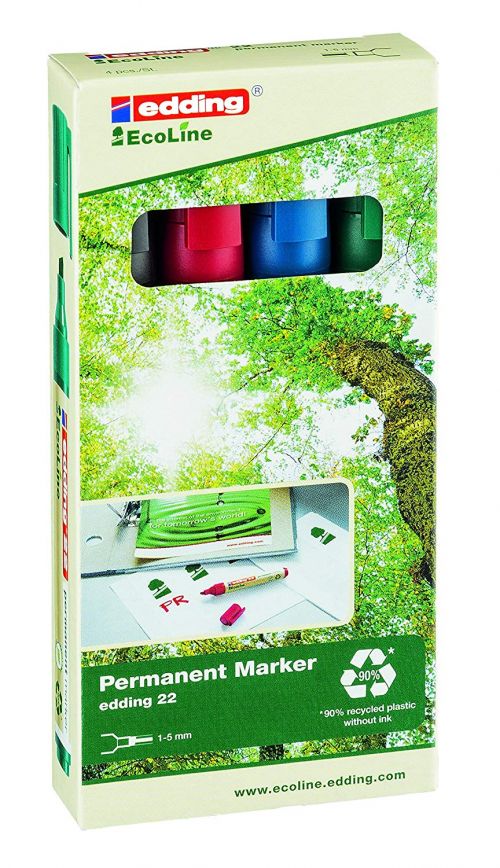 Edding 22 EcoLine Permanent Marker Chisel Tip 1-5mm Line Assorted Colours (Pack 4)