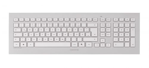 This Cherry DW 8000 desktop set features a wireless keyboard with ultra flat keys with abrasion proof, laser inscribed characters for long lasting use and an ultra smooth keystroke. The wireless 3 button mouse features a reliable infrared sensor and adjustable resolution of 1000/2000dpi. There is a battery status display in both keyboard and mouse. The set includes a silver mouse and a silver keyboard with white keys. Products are easy to disassemble, they are recyclable in large parts and have plastic-free packaging. Cherry offer complimentary replacement parts wherever possible.