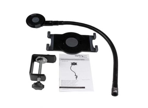 Add flexibility to your workspace, with this gooseneck tablet holder for most 7in to 11in tablets. The desk-mount tablet stand has an adjustable clamp that fits tablets with a width or length of 6.5in to 7.8in (166 to 200 mm) and a maximum tablet thickness of 0.45in (11.5 mm). Mount your tablet width-wise or length-wise, and rotate it 360-degrees. Use it with your Apple iPad, Samsung Galaxy, Microsoft Surface 3 or other tablets.Flexible and Adjustable Positioning.Place your tablet exactly where you need it and position it to your preferred viewing angle with the flexible 19.7in (500 mm) gooseneck arm, bending 360 degrees in any direction. It tilts, turns and rotates, letting you easily switch between landscape and portrait position.Installs on Virtually Any Surface.The arm is simple to mount on a desk, counter, tabletop or any other surface, with a thickness of 0.8 to 1.9in (20 to 50 mm). The included clamp holds the arm securely in place. The tablet holder is detachable with quick-swap attachments that let you remove the tablet from the arm and pop it back in as needed.Hands-Free Use.Install a tablet beside your display for easy reference to documentation, presentations and research. With the gooseneck arm in place, it’s easy to integrate a tablet into your work space and keep your hands free to type and swipe. Using a tablet hands-free can be helpful for individuals with mobility challenges.The TAA Compliant ARMTBLTUGN is backed by a 2-year StarTech.com warranty and free lifetime technical support.