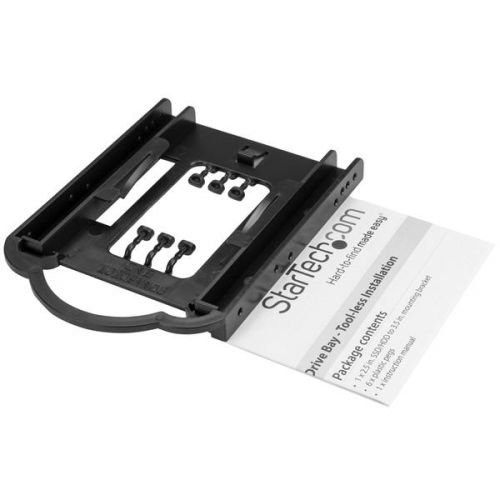 8STBRACKET125PT | This mounting bracket lets you quickly install a 2.5" SSD or HDD into a single 3.5" bay in a desktop PC or server, with no tools required. The tool-less mounting bracket supports a 2.5" solid-state drive or hard drive from 7 mm to 9.5 mm in height.The mounting bracket’s tool-less design makes it fast and easy to install a 2.5" drive in a computer or server, without the need for additional hardware or tools. It’s ideal for system administrators and integrators who are building or upgrading a computing solution for a wide range of businesses and organizations, including schools and hospitals, saving valuable time and effort on installation projects.The lightweight mounting bracket is designed for trouble-free, reliable performance. To install a drive, you simply secure it into the mounting bracket, without using tools. Then, you put the bracket into a 3.5" drive bay in your computer and the bracket holds the drive in place using the tool-less plastic pegs.The BRACKET125PT is backed by a StarTech.com 2-year warranty and free lifetime technical support.