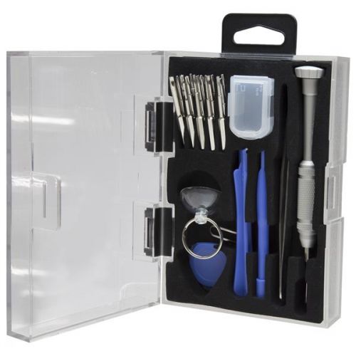8STCTKRPR | This 23-piece tool kit provides all of the essential screwdrivers, bits, tweezers and spudgers you'll need to repair virtually any smartphone, tablet or laptop. It’s the perfect addition to your electronics repair bench, for working on a wide range of mobile devices including iPhone, iPad, Samsung Galaxy®, HP Chromebook™, Lenovo® Think Pad®, Acer® Chromebook and MacBook.The kit includes:Two spudger tools, as well as a triangle pry-tool and a suction cup that enable you to pry and remove the screen from a tablet or smartphoneA multi-bit screwdriver, with 16 bits that are suitable for opening the most popular smartphones, tablets and laptops, to remove or replace internal board screws and standoffsA set of tweezers, for positioning small cables, connectors or chips within the housing of your mobile devicesA SIM card ejector pin, that enables you to remove SIM cards from smartphones and tabletsA convenient hard-shelled storage case, that provides a neat and tidy storage solution for all of the included toolsThe CTKRPR is backed by a StarTech.com 2-year warranty and free lifetime technical support.